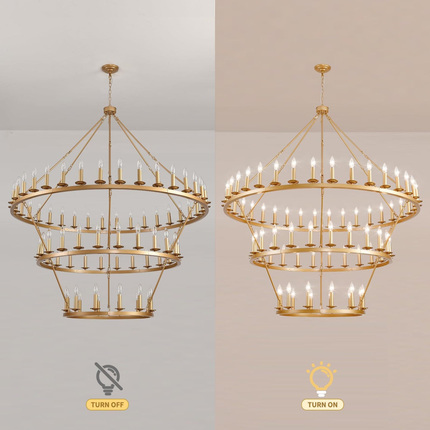 QJMPP 3 Tier Gold Wagon Wheel Chandelier,Extra Large 60-Inch 72-Light Circle Light Fixture,Round Chandeliers for Foyer Entryway Dining Room Living Room High Ceilings