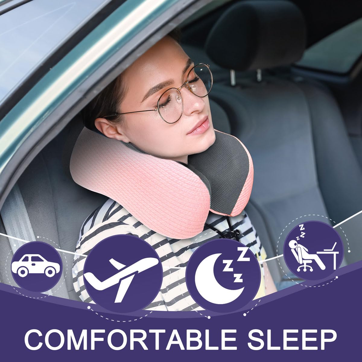 napfun Neck Pillow for Traveling, Upgraded Travel Neck Pillow for Airplane 100% Pure Memory Foam Travel Pillow for Flight Headrest Sleep, Portable Plane Accessories, Light Grey