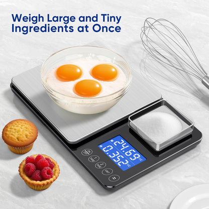 Dual Platform Food Kitchen Scale with 0.01g/0.001oz High Precision, 15kg/33lb Bakery Scale, Dual Accuracy Kitchen Scale for Sourdough Bread, Baking and Cooking with 7 Unit Tare and Totalizer