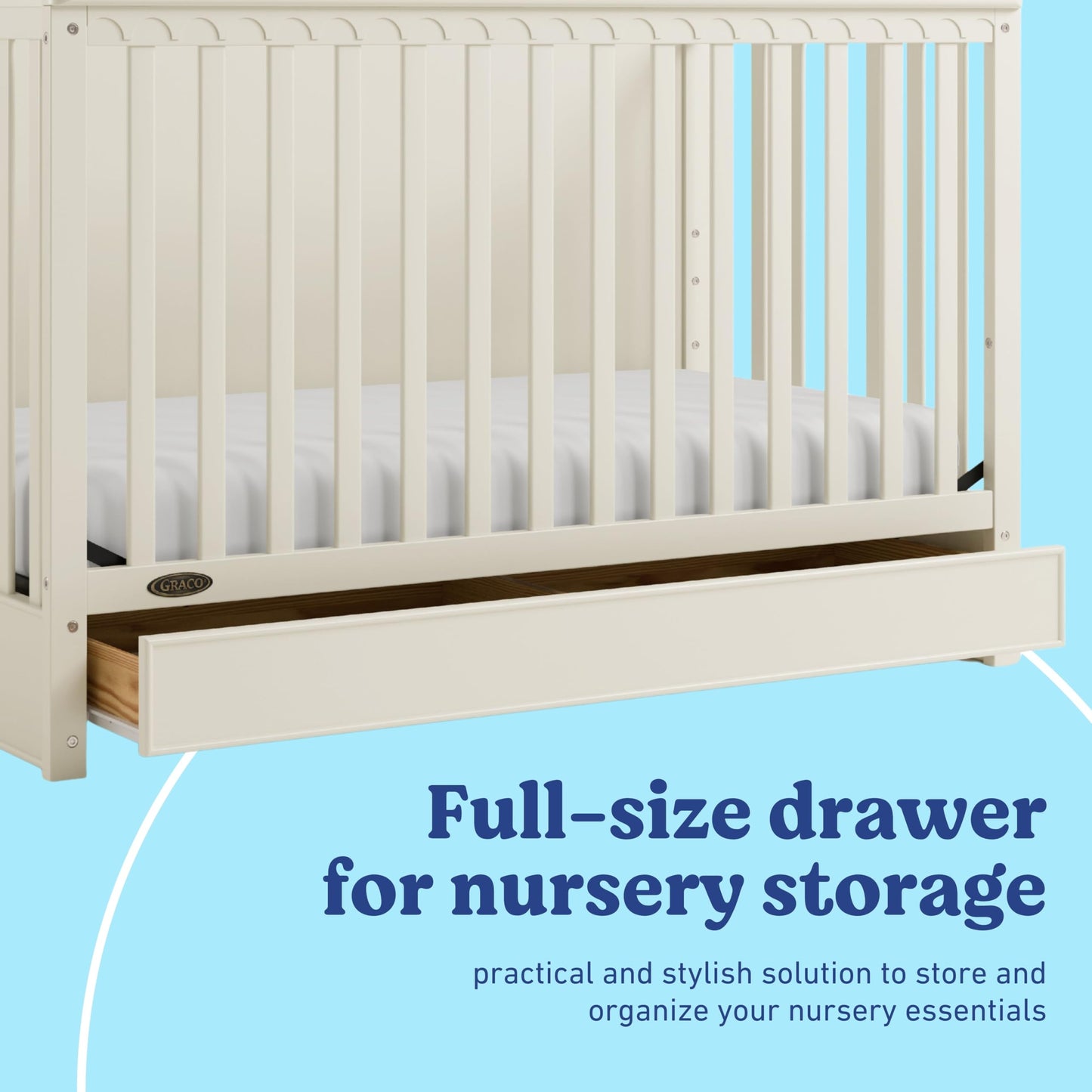 Graco Sasha 5-in-1 Convertible Crib with Drawer – GREENGUARD Gold Certified Wood Crib, Converts to Toddler Bed, Daybed, Full-Size Bed, Stylish Classic Design (Frosted Oat)