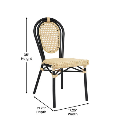 Flash Furniture Cannes Indoor/Outdoor Commercial Thonet Bistro Stack Chair - Natural PE Cane Rattan Back and Seat - Black Metal Frame - Set of 2