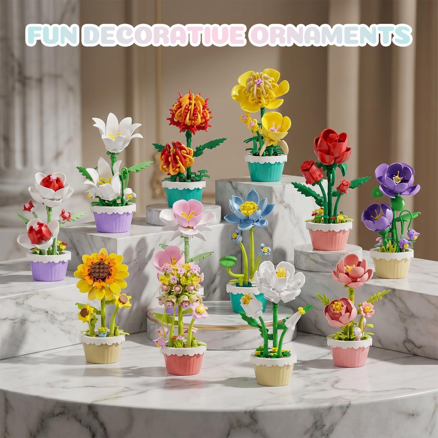 FNSJFYZS 12 Pack Flower Building Blocks, Botanicals Collection Artificial Flowers with Pots, DIY Craft Kit for Home Office Desk Decor, Unique Birthday Gifts for Adults