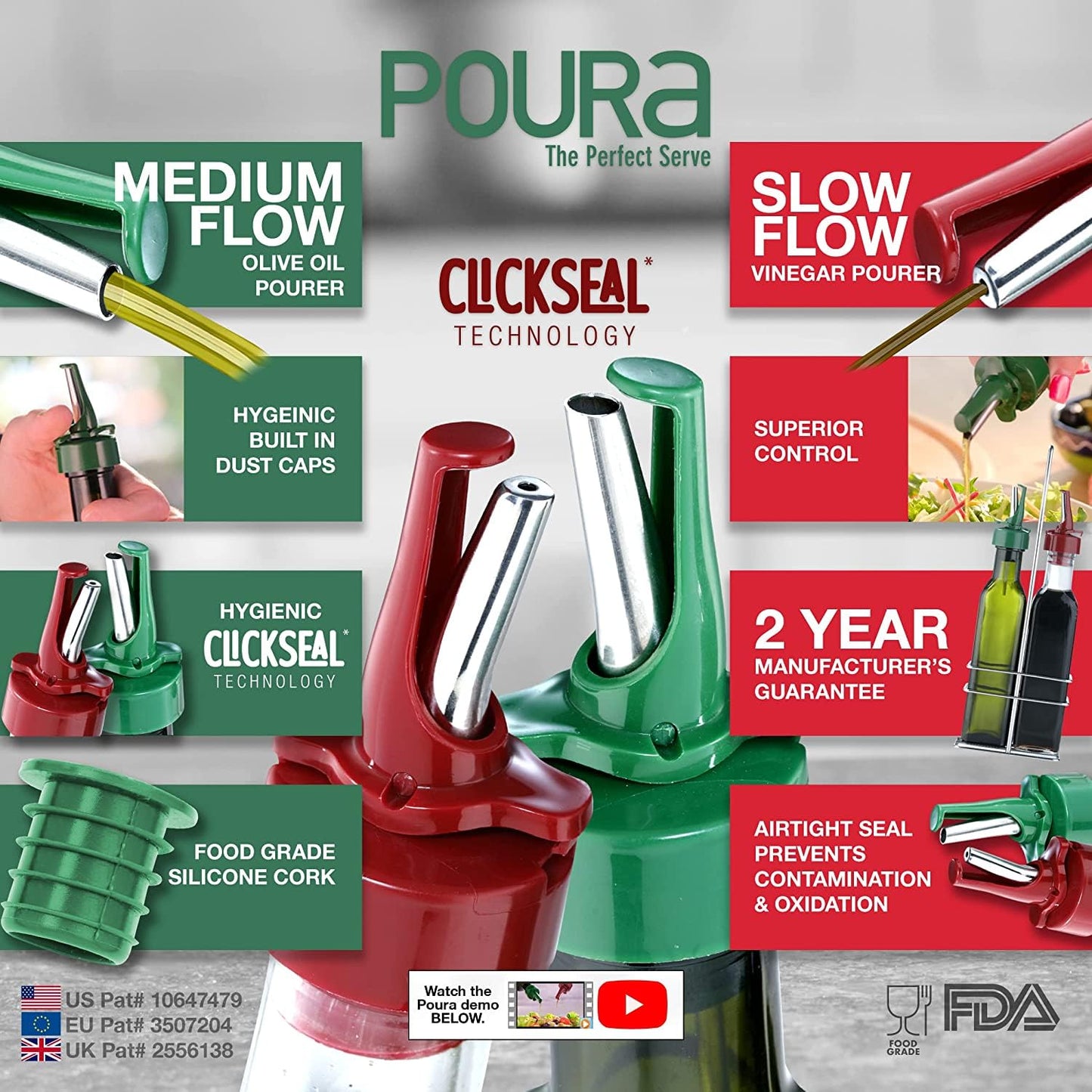 Poura Vinegar and Olive Oil Bottle Drizzler Set with ClickSeal BPA Free Pour Spouts | Glass Oil & Vinegar Dispenser Bottles for Cooking & Dining | Hygienic Covers + Silicone Decanter Funnel 500ml