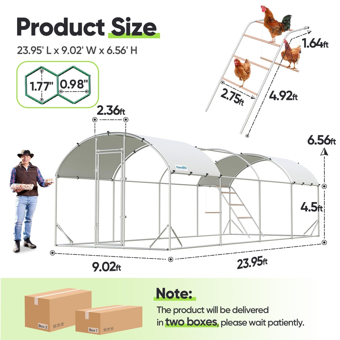Quictent Essential Series 24x9x6.6ft Metal Chicken Coop Run with Climbing Ladder, Walk-in Outdoor Poultry Cage with PVC Coated Chicken Wire, Hen Duck Rabbit Farm House, Waterproof Anti-UV Cover
