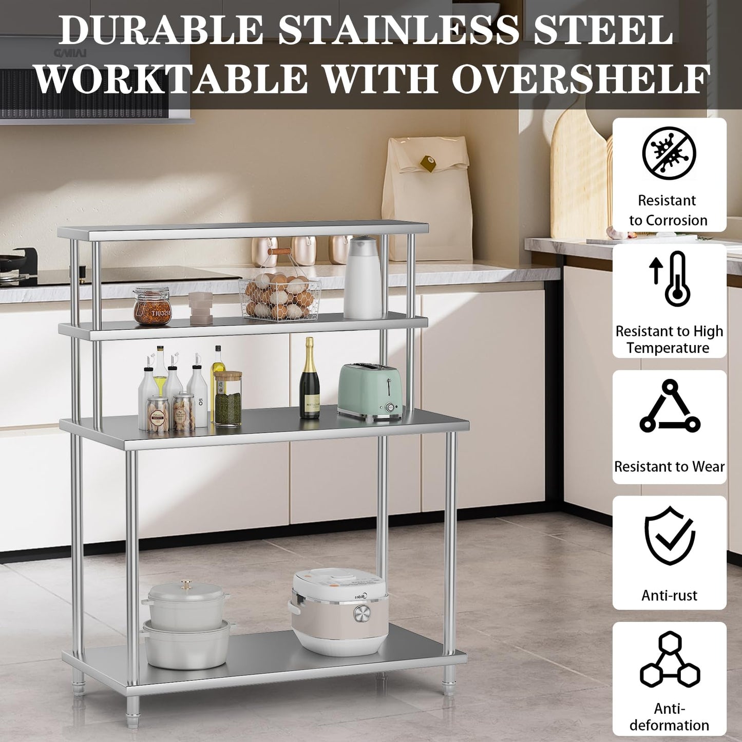 48"x24" Stainless Steel Work Table with 2-Tier Adjustable Overshelves, Commercial Prep Table for Kitchen, Restaurant, Garage, Laundry, Utility Room