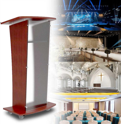 DHXIAMZ Acrylic Lectern Podium Stand with Casters Shelves and Cu ed Frosted Front Panel 48" Tall Wood Podium for Church Floor