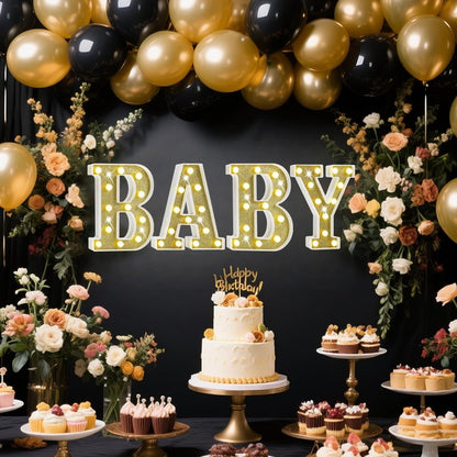 Pooqla BABY Marquee Light Up Letter Set, Gold Glitter Glowing Letters for Baby Shower Girl Boy Birthday Party Backdrop, LED Light Up Letter for Gender Reveal Home Bedroom Nursery Table Wall Decor