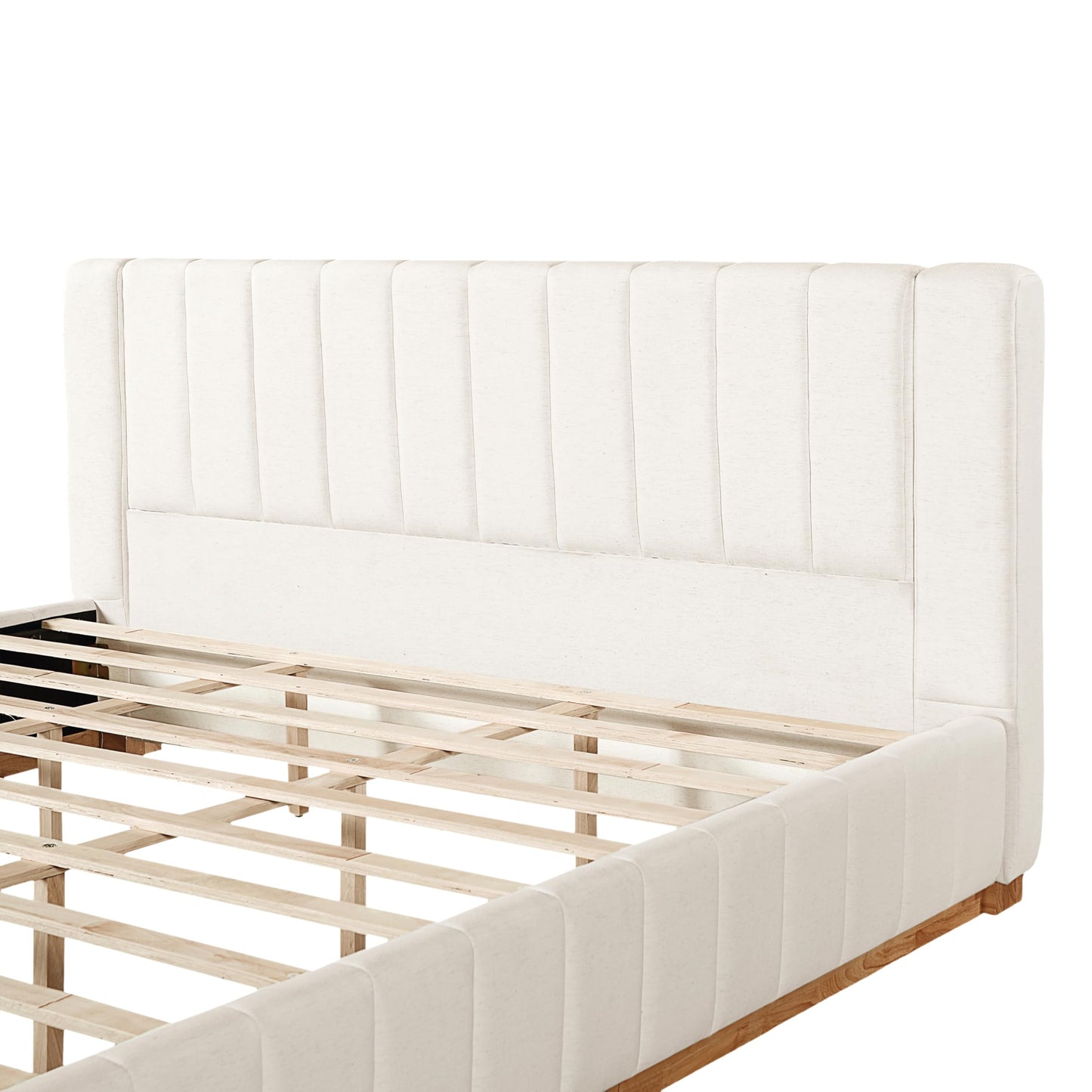 FammyLoft King Size Bed Frame, Elegant Striped Fabric Upholstered Bed Frame, Minimalist Bed Frame with Padded Headboard, 800 lbs Support, Modern King Bedroom Furniture,Beige