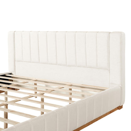 FammyLoft King Size Bed Frame, Elegant Striped Fabric Upholstered Bed Frame, Minimalist Bed Frame with Padded Headboard, 800 lbs Support, Modern King Bedroom Furniture,Beige