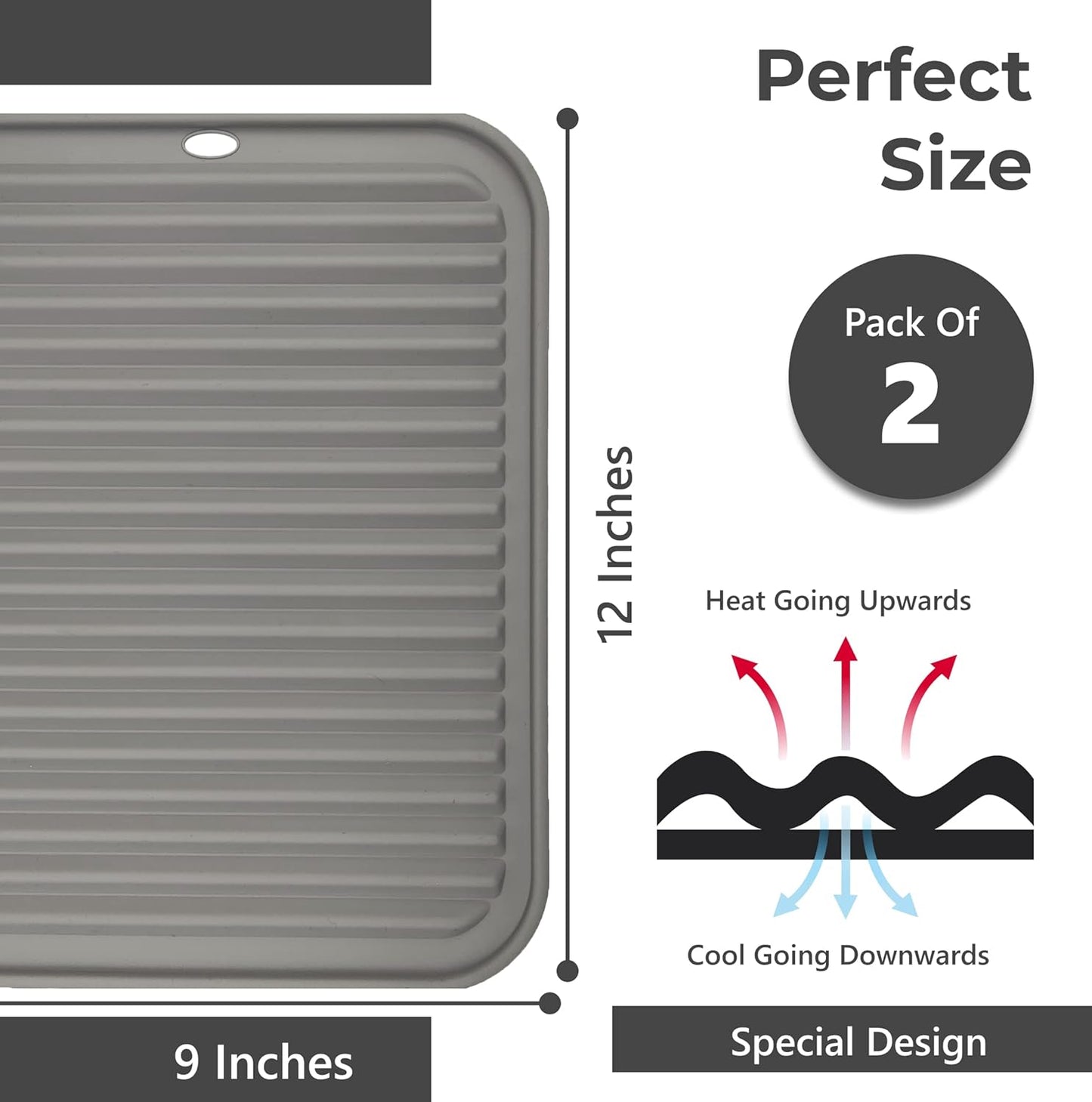 Silicone Trivets | Heat-Resistant Pot Holders for Hot Dishes - 2 Pack (9 x 12 Inch) - Grey Counter Mats