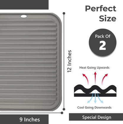 Silicone Trivets | Heat-Resistant Pot Holders for Hot Dishes - 2 Pack (9 x 12 Inch) - Grey Counter Mats