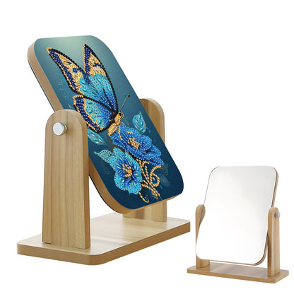 Diamond art Painting Flip Mirror，DIY Butterfly and flowers Rotatable Mirror , 5D Special Shape Diamond Wooden Material Desktop Decor Vanity Mirror Kit, Unique decoration of the desktop in the room