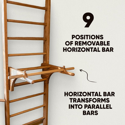 Swedish Ladder Wall Stall Bars for Kids and Adults, made of Solid Beech Wood, Withstands Loads up to 880 lbs, with Removable Pull-Up Bar, Dip Bar, Gymnastics and Exercise Indore Gym