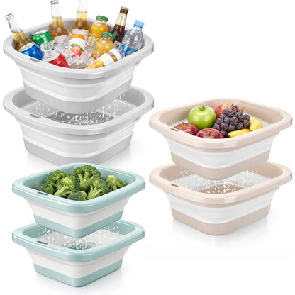 Singhoow 3 Set Collapsible Colander and Sink Basin 2-4-8 Qt Dish Pan and Strainer Set with Drain Holes 2-in-1 Foldable Fruit Vegetable Washing Basket for Kitchen Camping Travel (Green, Pink, Gray)