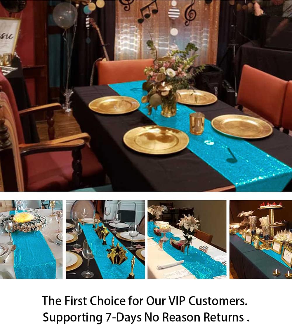ShinyBeauty Turquoise Sequin Table Runner 12x108-Inch Aqua Party Runner for 30th Birthday Decorations