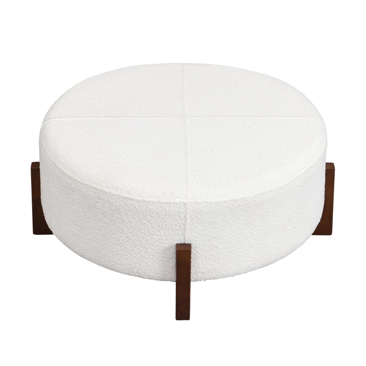 Christopher Knight Home Holmes Modern Boulce Upholstered Ottoman Coffee Table, Wooden Round Cocktail Ottoman, Large Living Room Sofa Footstool/Footrest, White+Walnut