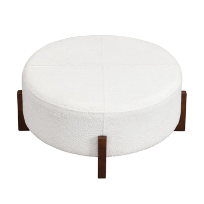 Christopher Knight Home Holmes Modern Boulce Upholstered Ottoman Coffee Table, Wooden Round Cocktail Ottoman, Large Living Room Sofa Footstool/Footrest, White+Walnut