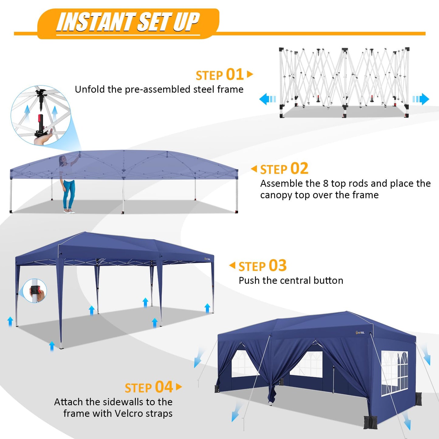 HOTEEL 10x20 Pop up Canopy Tent with Sidewalls, Outdoor Waterproof Tents for Parties with Center Lock, Sandbag, Easy Setup Event Tent Shelter with Reinforce Rod for Backyard, Camping, Market, Navy