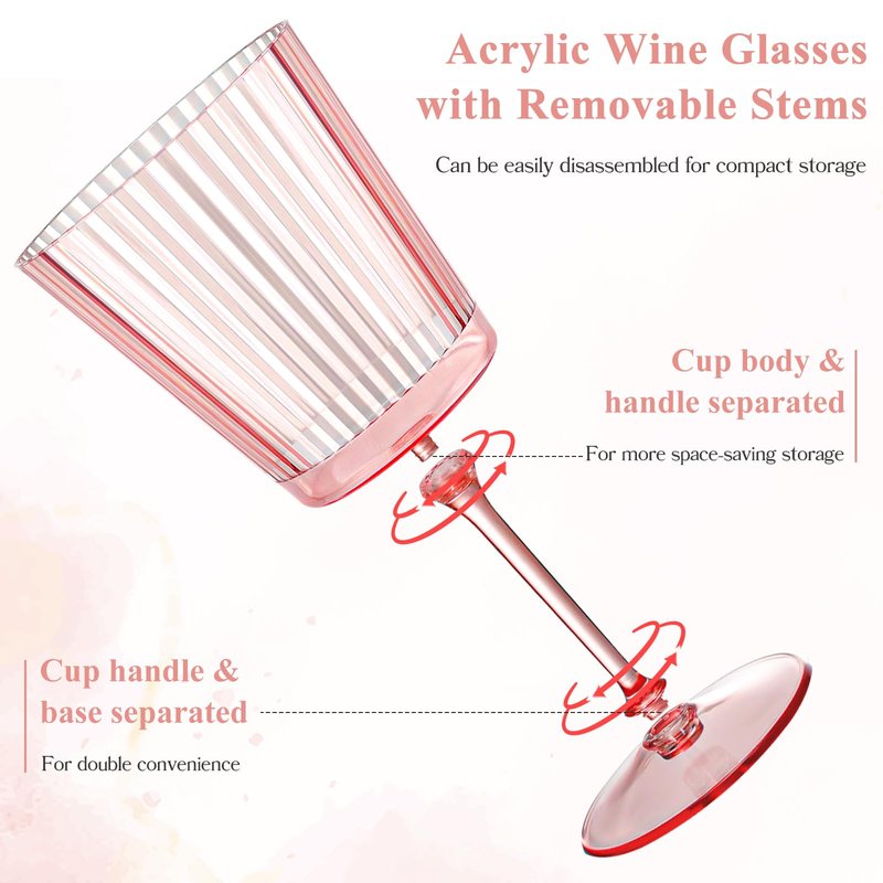 24 PCS Pink Plastic Wine Glasses with Removable Stems 13.5 OZ Ribbed Wine Glass Set Square White Wine Glasses Muted Pastel Colors Goblets Elegant Fluted Glassware for Wedding(Pink, 24 Pack)