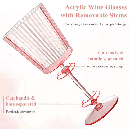 24 PCS Pink Plastic Wine Glasses with Removable Stems 13.5 OZ Ribbed Wine Glass Set Square White Wine Glasses Muted Pastel Colors Goblets Elegant Fluted Glassware for Wedding(Pink, 24 Pack)