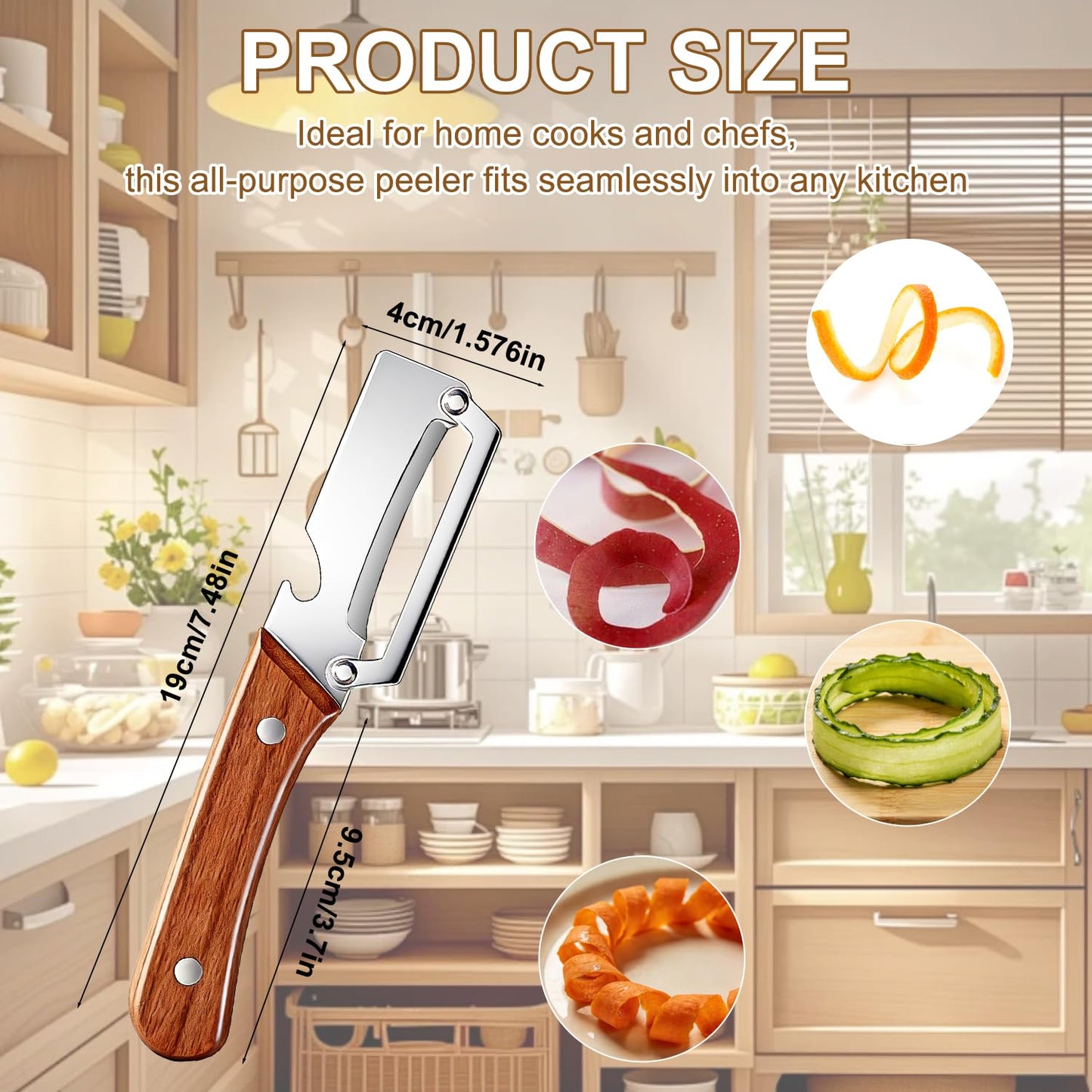 Premium Vegetable Peeler with Wooden Handle and Bottle Opener,2-in-1 Stainless Steel Kitchen Tool for Fruit Potato Zucchini Pumpkin Papaya(2 PSC)