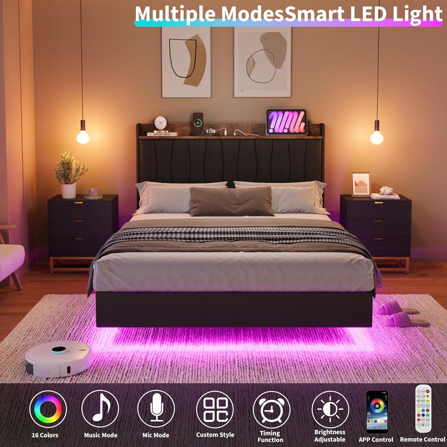COZONY Modern Floating King Bed Frame with LED Lights, USB Charging Station, Upholstered Storage Headboard, Sturdy Wood Slats, No Box Spring Needed, Easy Assembly, Noise-Free, King-Black