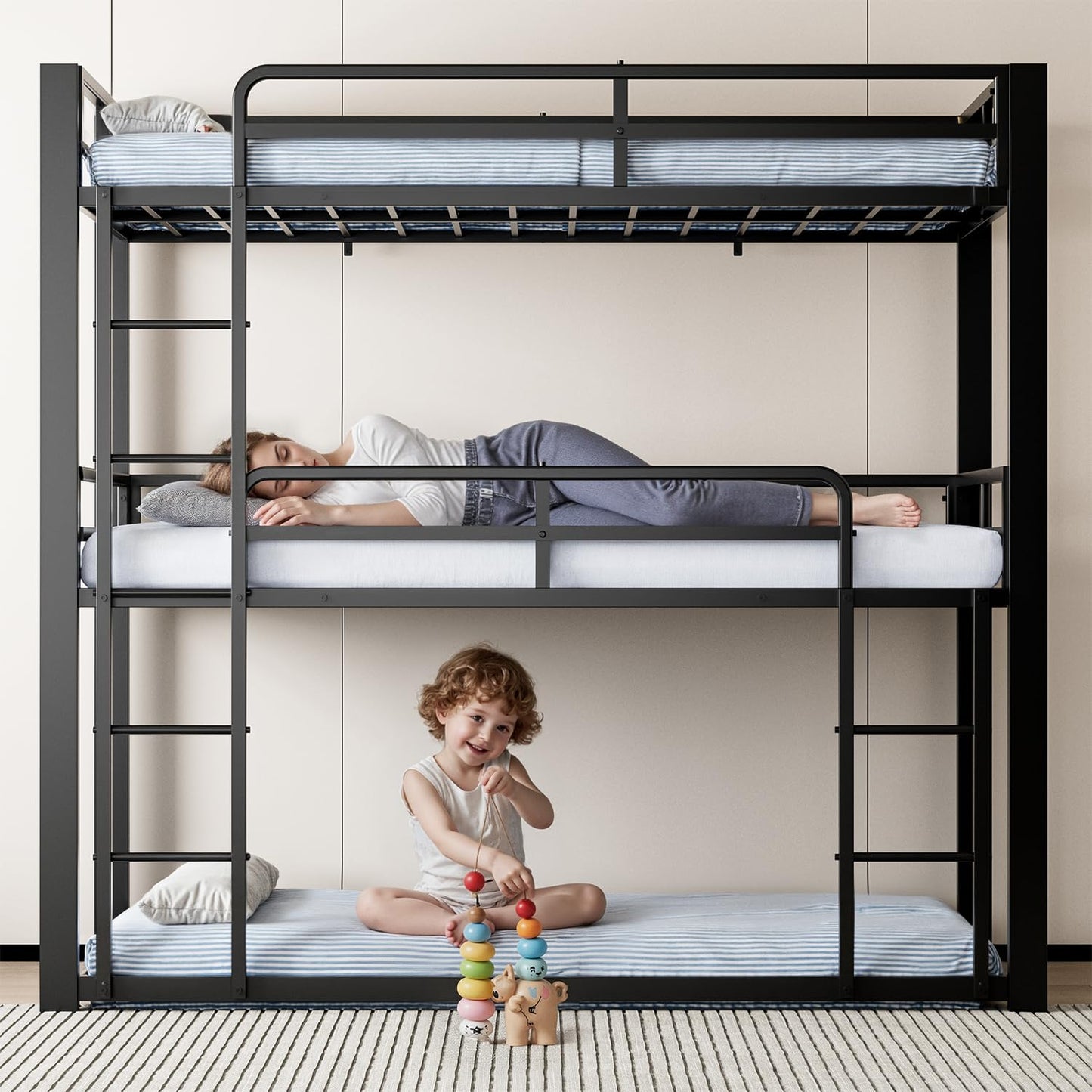 Mixcous Metal Triple Bunk Bed, Twin Over Twin Over Twin Heavy Duty Bunkbeds, Full-Length Guardrail Family-Friendly for All Ages, Bedroom, No Box Spring Needed, Easy Assembly, Black