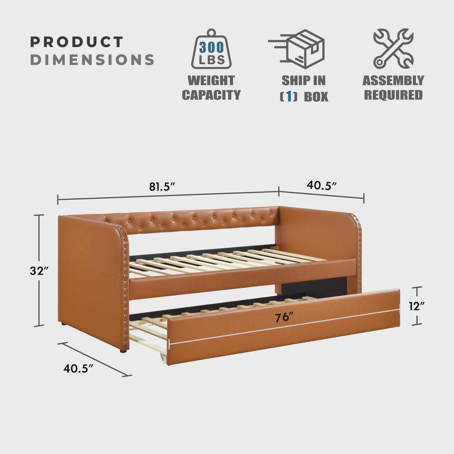 Lexicon Faux Leather Daybed with Trundle, Solid Wood Frame, Nailhead Trim, Wood Slat Support, Button Tufted Trundle Day Bed Sofa Bed for Bedroom/Guest Room, No Box Spring Needed, Twin, Matte Brown