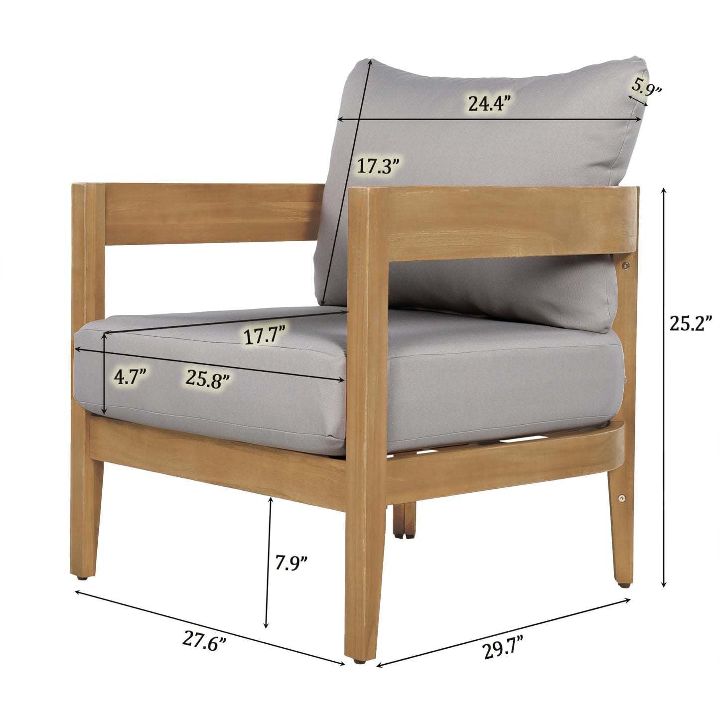 Christopher Knight Home Nadine Acacia Wood Club Chair, Outdoor Accent Chair, Tub Shape Design Armchair, Comfort Cushions Seating, Slat Open Back Reading Sofa for Balcony Backyard Garden, Teak+Gray