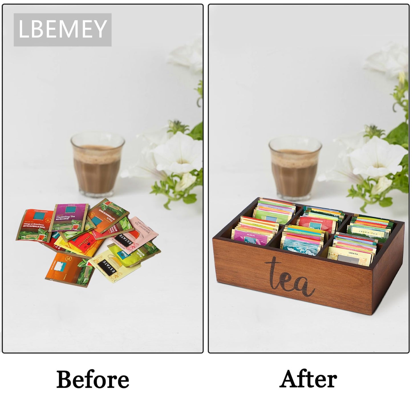 LBEMEY Tea Bag Organizer,Acacia Wood Tea Storage Containers with 6 Compartments, Sugar Packet Holder,Tea Bag Caddy Box for Cabinet Countertop Office (Brown-Labeled "Tea")