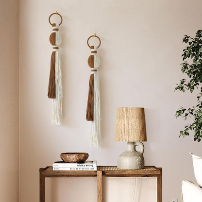 IOWER 2Pcs Macrame Wall Hanging Boho Home Decor Fiber Art with Sphere Knots Tassels Handmade Yarn Art for Bedroom Living Room Office Entryway