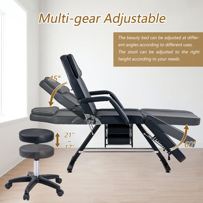Konsilsa Multi-Purpose 3-Section Facial Bed Table with Hydraulic Stool - Adjustable Beauty Salon Tattoo Chair, Esthetician Spa Equipment, Two Removable Trays for Massage, Facial Lash Treatments