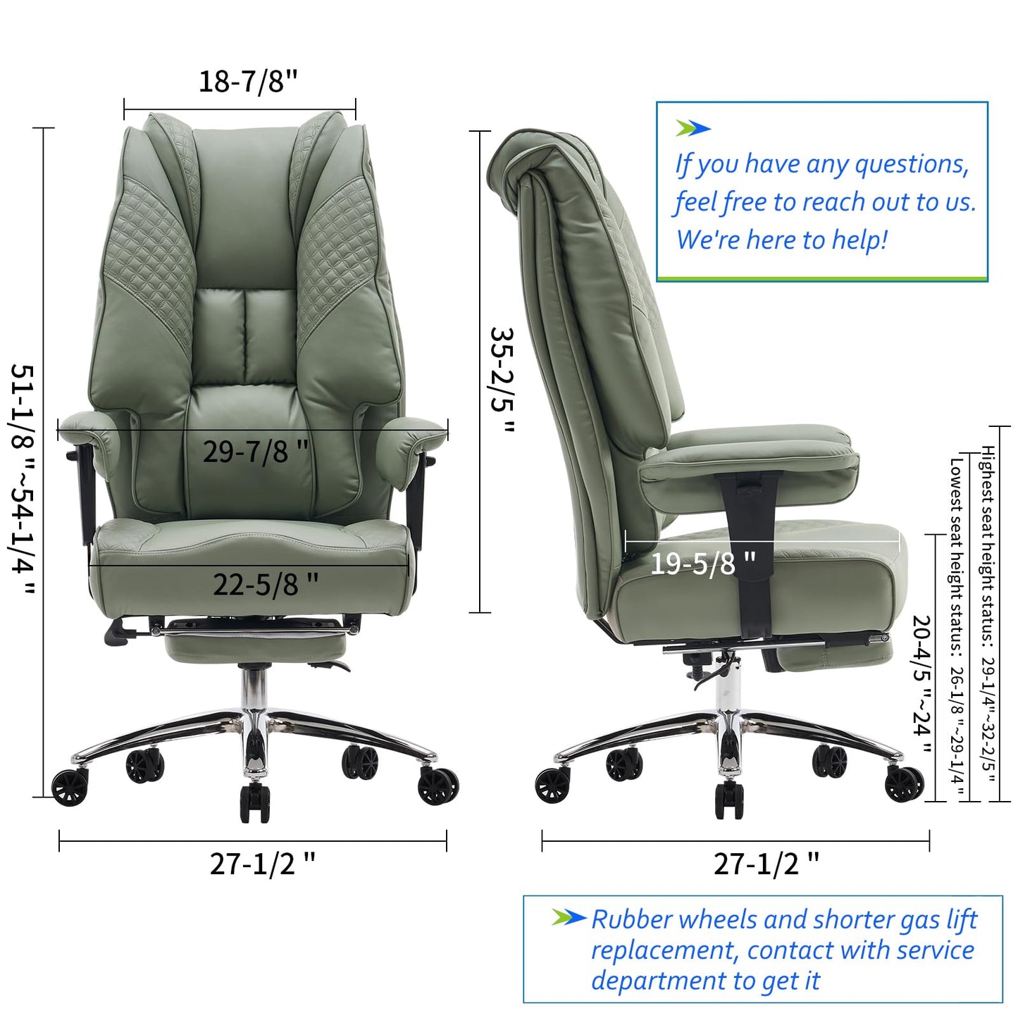 EXCEBET Big and Tall Office Chair 400lbs Wide Seat, Leather High Back Executive Office Chair with Foot Rest, Ergonomic Chairs Lumbar Support for Lower Back Pain Relief (Light Green)