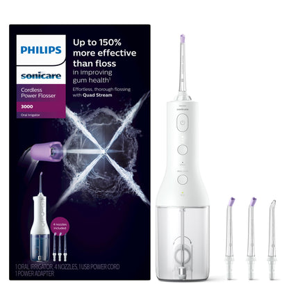 Philips Sonicare Cordless Power Flosser 3000 - Water Flosser with Innovative Quad Stream Technology, Oral Irrigator with 2 Flossing Modes and 3 Pressure Levels, IPX7 Waterproof, Black, HX3826/23