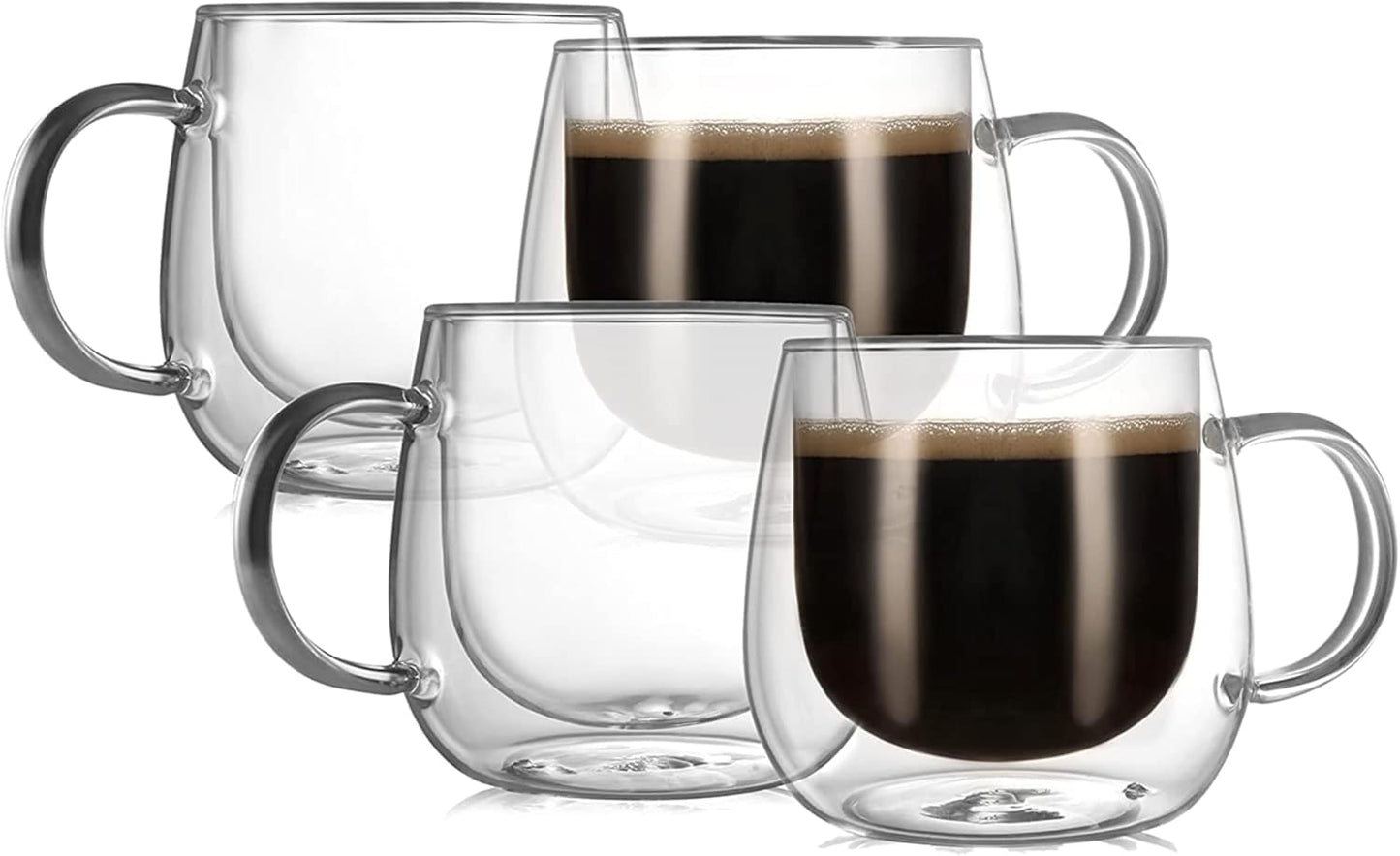 12oz Mugs(4-pack),Large CNGLASS Double Walled Glass Coffee Clear Coffee Cups with Handle,Glass Espresso Mugs
