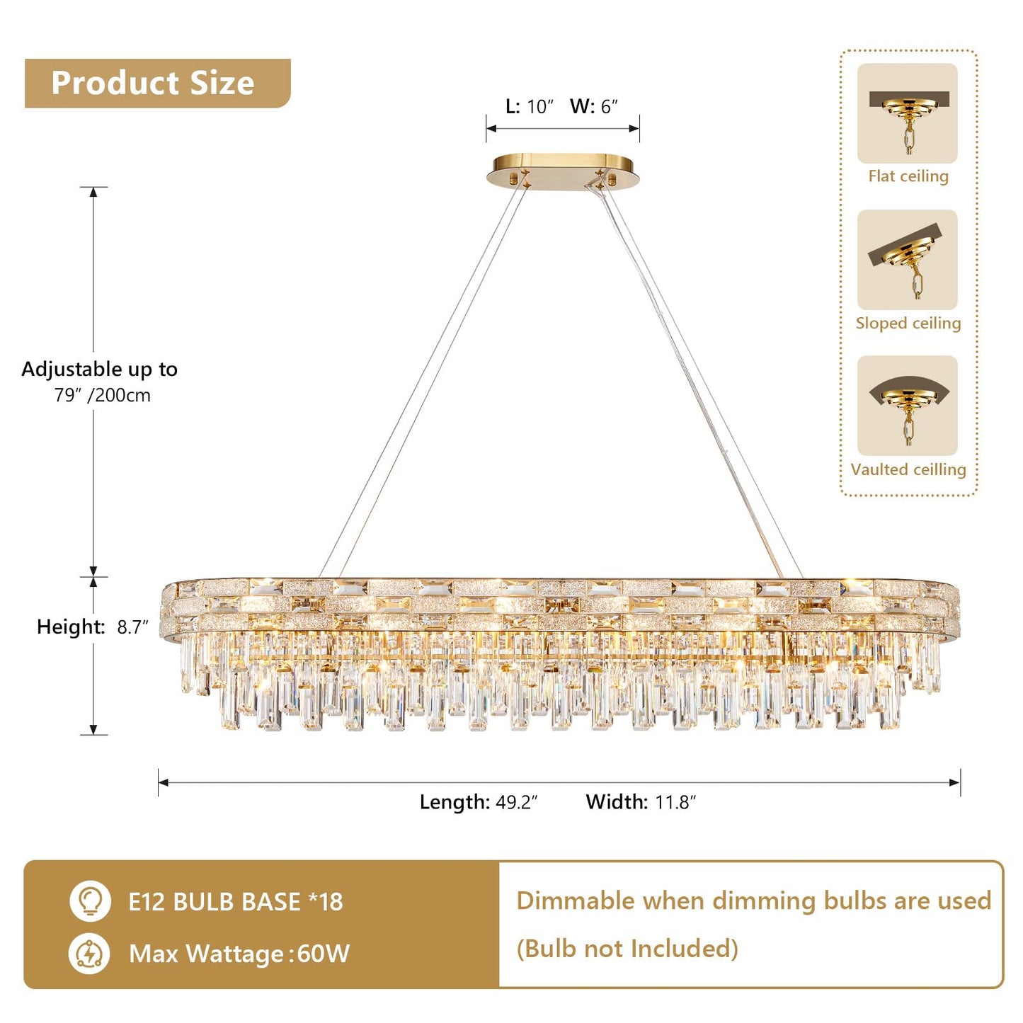 SHAOCHIAO 50" Gold Modern Crystal Chandelier, 18-Light Gold Chandelier Light Fixture Luxury Rectangular Large Pendant Ceiling Light Fixture for Dining Living Room Kitchen Island Bar