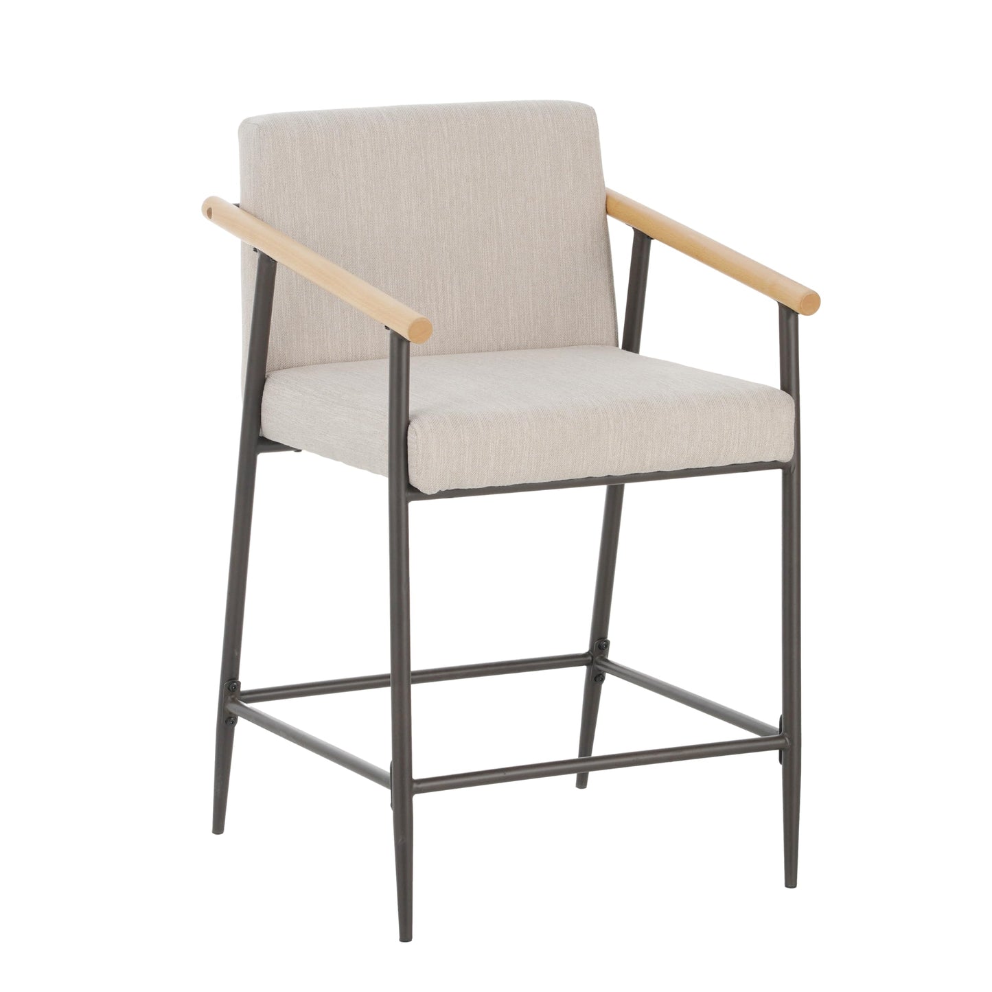 Christopher Knight Home Set of 2 Bever Mid-Century Modern Counter Height Bar Stools, Iron Frame Kitchen Stools, Fabric Upholstered Side Chair with Wooden Armrest and Footrest, Beige+Black+Light Brown