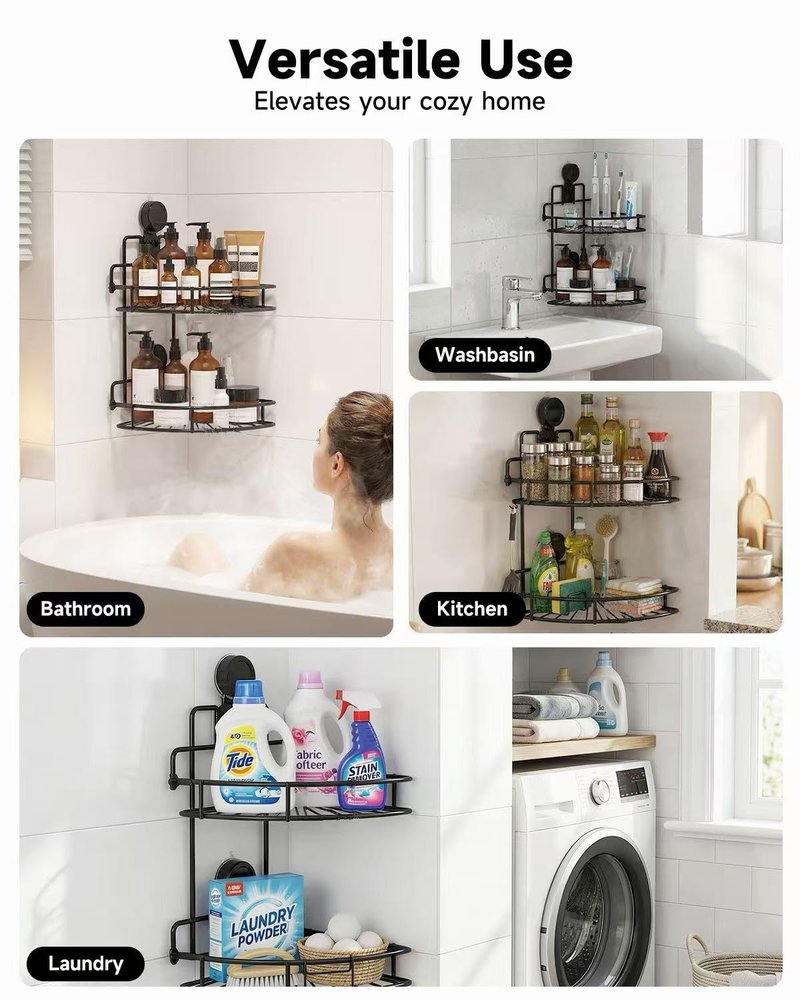 BANGMANG Shower Caddy Suction Cup, 2 Pack Suction Shower Shelf, NO-Drilling Bathroom Holder, Rustproof Bathroom Organizer for 90° Wall Corner, Black