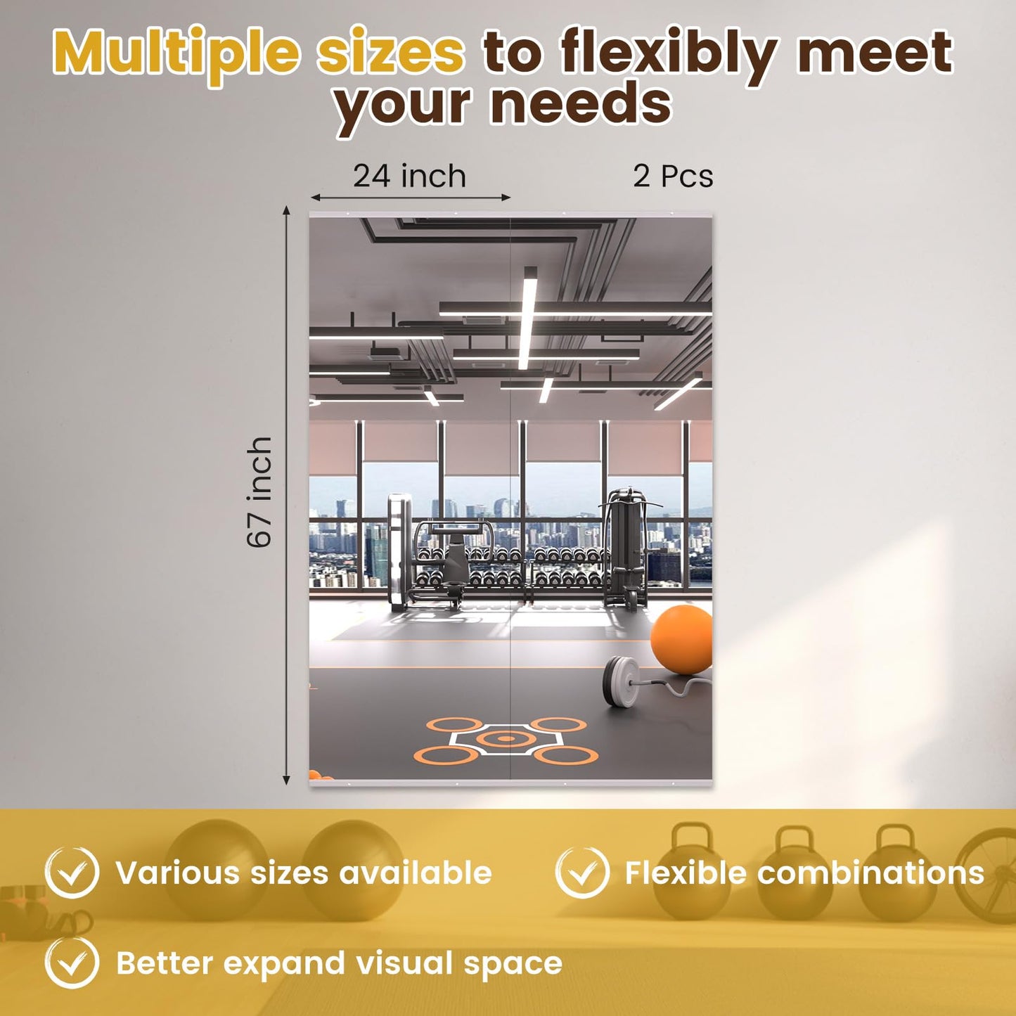 LOAAO Home Gym Mirror, 67"x24"-2 PCS Gym Mirrors for Wall, Frameless, Tempered Glass, Large Workout Mirrors for Home Gym, Dance Studio, Yoga Room, Garage Gym