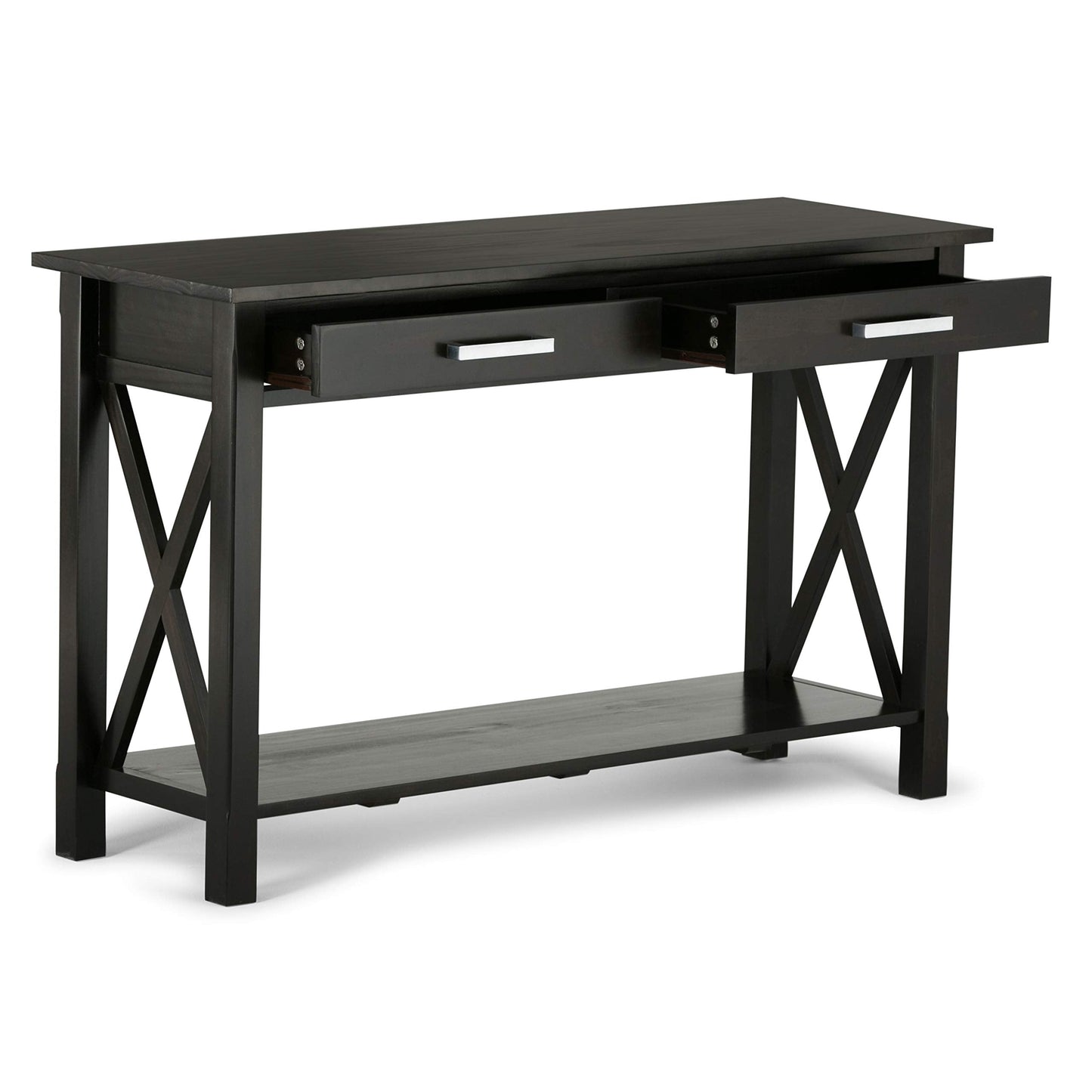 SIMPLIHOME Kitchener Console Table - 47 Inch Wide Solid Wood Sofa Table in Hickory Brown, Contemporary Storage Table for Entryway or Living Room with 2 Drawers, Bottom Shelf, and X-Design Side Panels