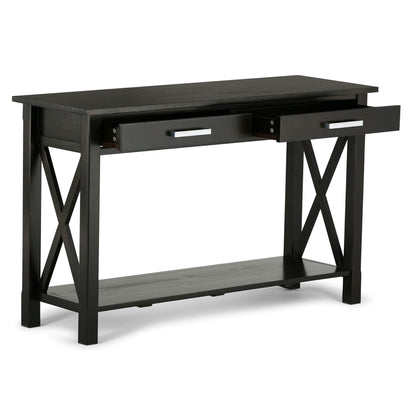 SIMPLIHOME Kitchener Console Table - 47 Inch Wide Solid Wood Sofa Table in Hickory Brown, Contemporary Storage Table for Entryway or Living Room with 2 Drawers, Bottom Shelf, and X-Design Side Panels