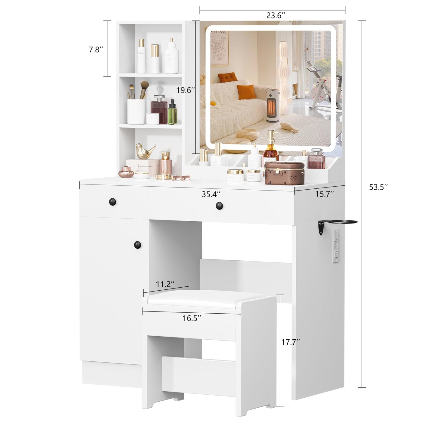 KAMABOKO Vanity Desk with Mirror and Lights, Makeup Vanity Table with Drawers & Shelves, Power Outlet, Dressing Table with Jewelry Storage for Bedroom (007 White)