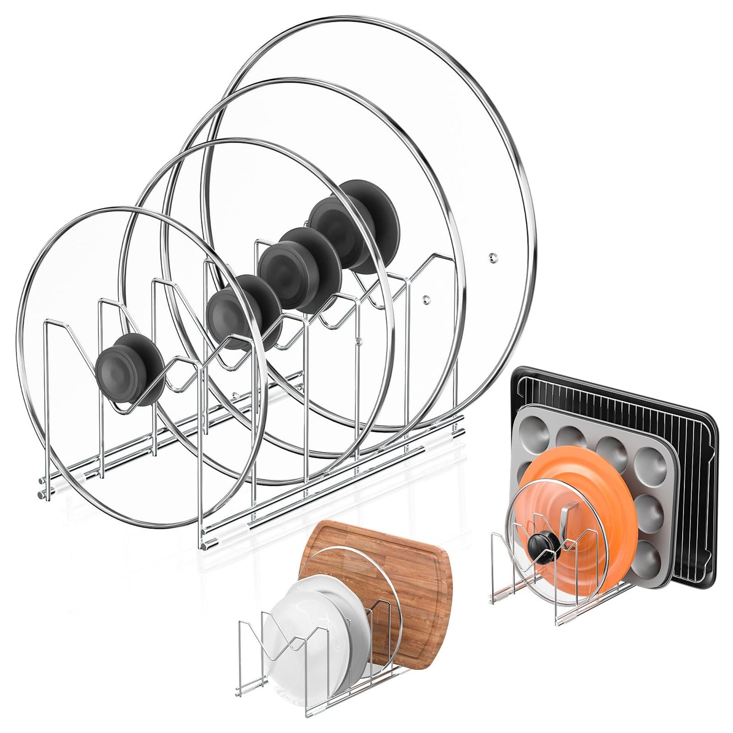 HzTinT 3 Pack Pot Lid Organizer for Cabinet, Stainless Steel Pot Lid Rack with Anti-slip Pad, Lid Holder for Pans Pots, Bakeware, Plates, Cookie Sheets, Trays, Dish, Cutting Boards, Silver