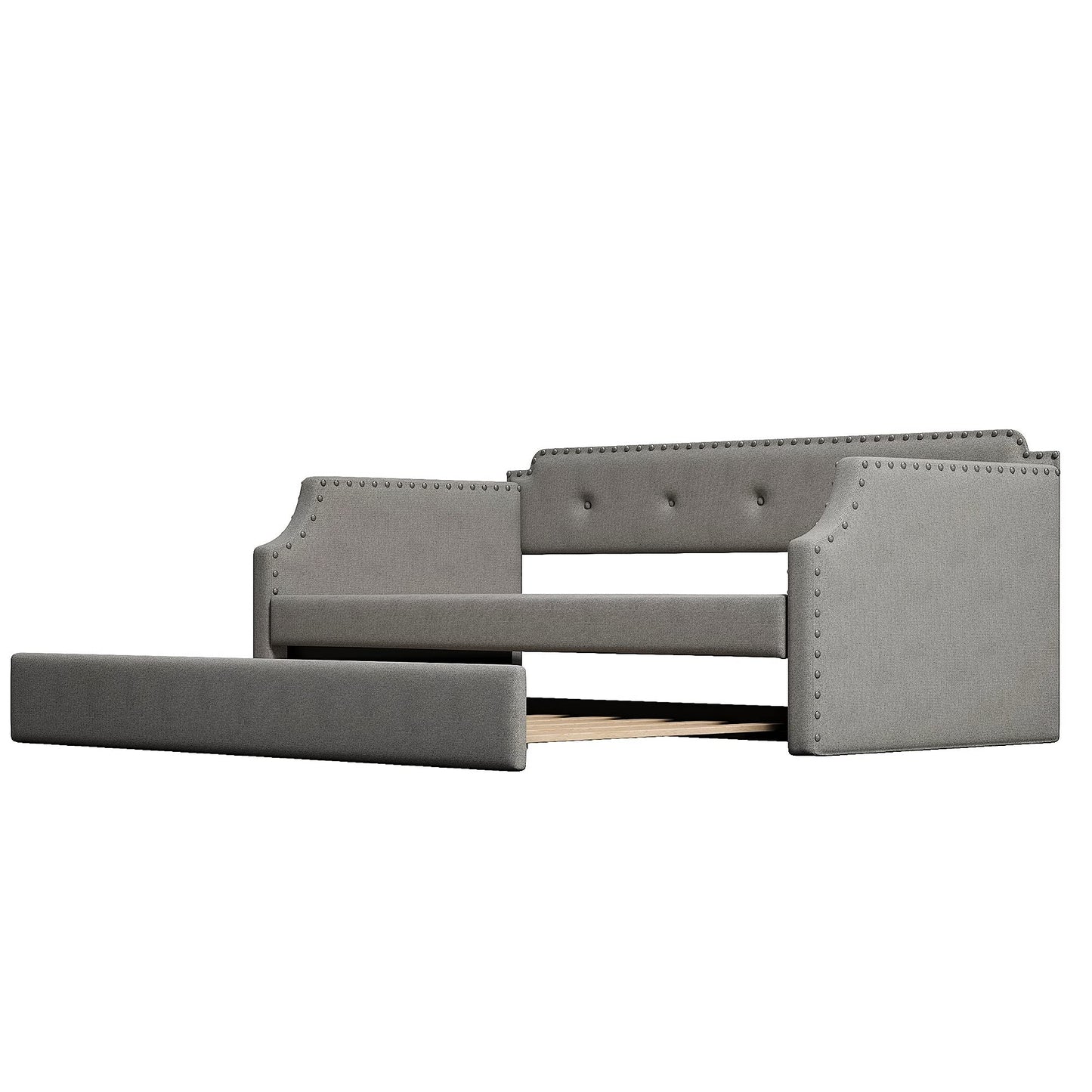 Twin Size Daybed with Trundle, Upholstered daybed with Button Tufted and Nailtrim on Arms, Sofa Bed Frame with Wood Slat Support, No Box Spring, for Living Room, Bedroom, Guest Room, Gray.