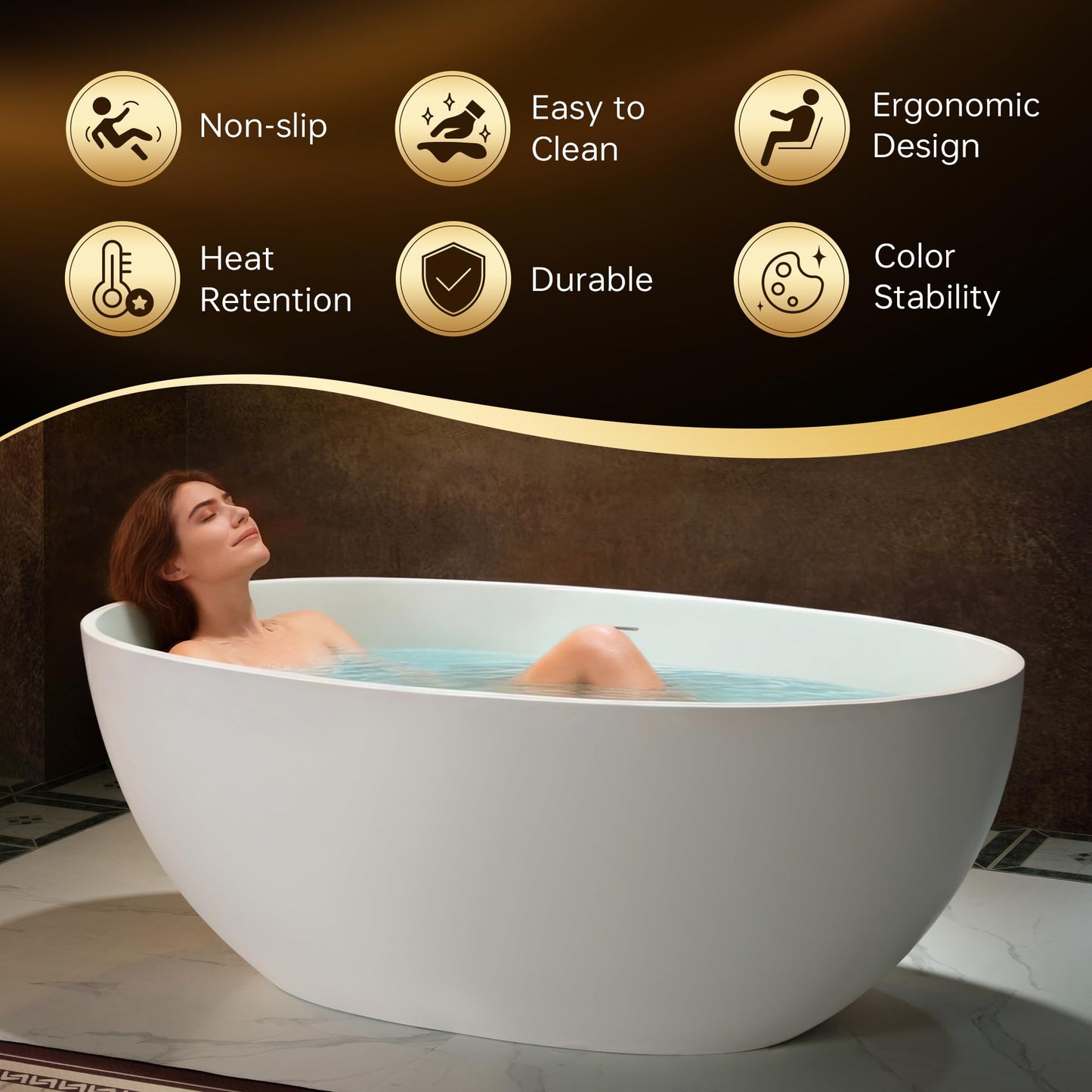 WOODBRIDGE 59" Stone Resin Freestanding Soaking Tub, Modern Oval Solid Surface Bathtub with Integrated Slotted Overflow & Drain, Matte White, B0055