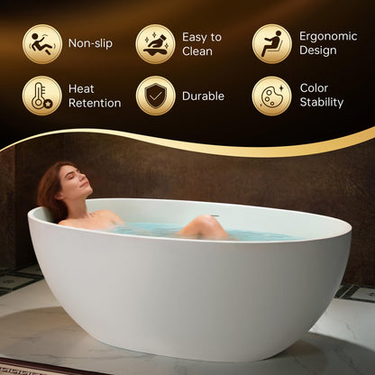 WOODBRIDGE 59" Stone Resin Freestanding Soaking Tub, Modern Oval Solid Surface Bathtub with Integrated Slotted Overflow & Drain, Matte White, B0055