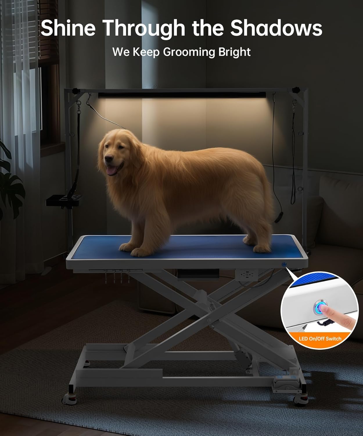 POLIMO LED Professional Electric Dog Grooming Table - 50" Heavy Duty Dog Grooming Station with LED, Button & Foot Control, Grooming Arm, Leveling Wheels, Anti-Slip Top & Tool Organizer (50", White)