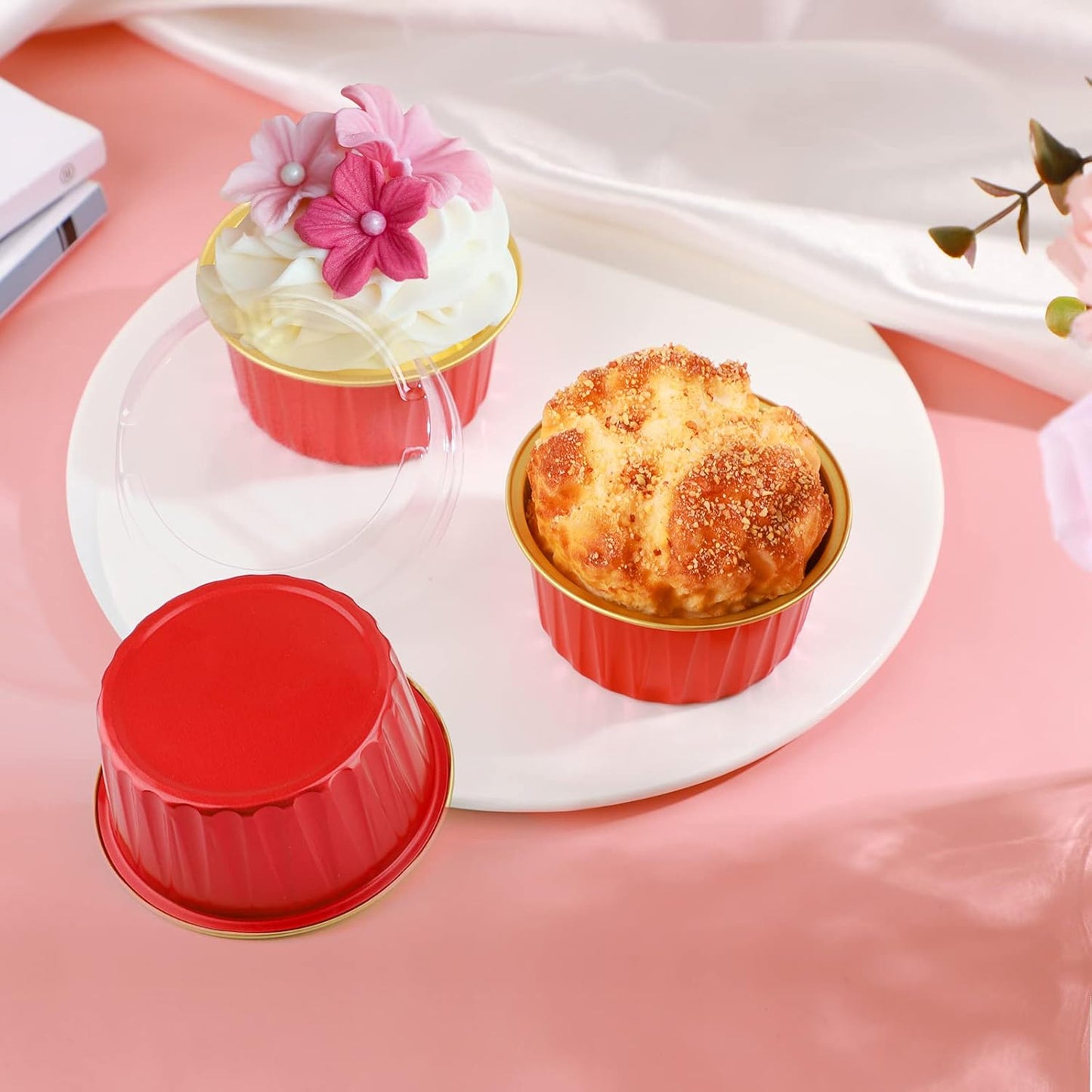 EUSOAR Dessert Cups with Lids, 30pcs 5oz Disposable Aluminum Ramekins for Baking, Mini Cheesecake Pan