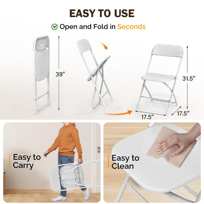 VINGLI Folding Chairs Set,Portable Foldable Comfy Seat for Adult, Metal Frame with Plastic Panel, Ideal for Party, Event, Wedding, Office, Commercial, White, 20 Pack