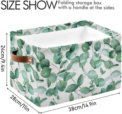 xigua Collapsible Green Leaves Storage Basket, Waterproof Canvas Toy Storage Bin with Leather Handles, 1PCS